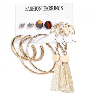 White Tassel Dangle and Hoops Bohemian Fsahion Women Earrings Set