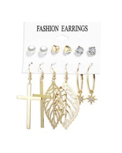 Golden Leaves and Cross Design European Fashion Women Earrings Set