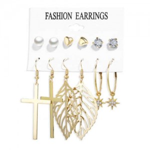 Golden Leaves and Cross Design European Fashion Women Earrings Set