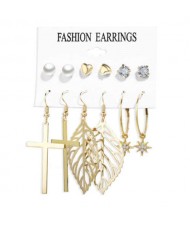 Golden Leaves and Cross Design European Fashion Women Earrings Set