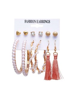 Pearl Hoop and Pink Tassel Combo European and U.S. High Fashion Women Earrings Set