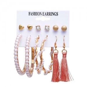 Pearl Hoop and Pink Tassel Combo European and U.S. High Fashion Women Earrings Set