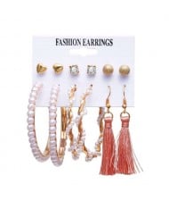 Pearl Hoop and Pink Tassel Combo European and U.S. High Fashion Women Earrings Set