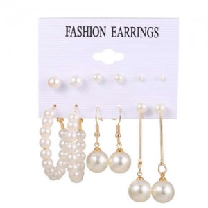 French Elegant Style Pearl Hoop and Dangle High Fashion Women Earrings Set
