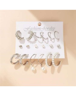 Silver Pearl and Rhinestone Hoops and Studs European Style Women Earrings Combo Set