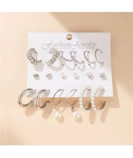 Silver Pearl and Rhinestone Hoops and Studs European Style Women Earrings Combo Set