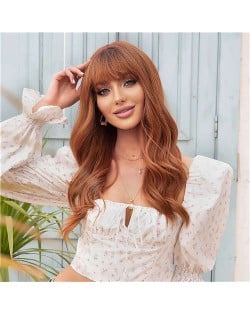 European and American Blunt Bangs Red-brown Color Curly Long Synthetic Hair Women Wig