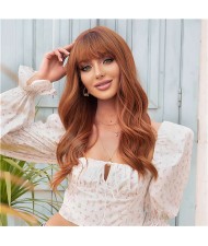 European and American Blunt Bangs Red-brown Color Curly Long Synthetic Hair Women Wig