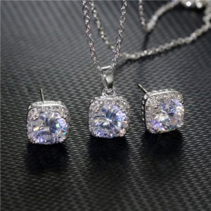 U.S. Popular Glistening Square Minimalist Design Bridal Women Cubic Zirconia Jewelry Set