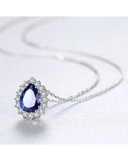 Luxurious Classic Water Drop Pendant 925 Sterling Silver Women Evening Necklace - Blue