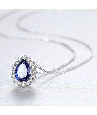 Luxurious Classic Water Drop Pendant 925 Sterling Silver Women Evening Necklace - Blue