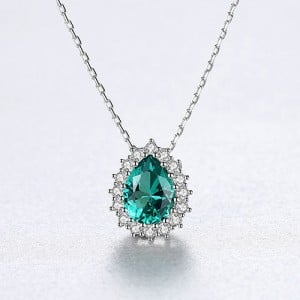 Luxurious Classic Water Drop Pendant 925 Sterling Silver Women Evening Necklace - Green