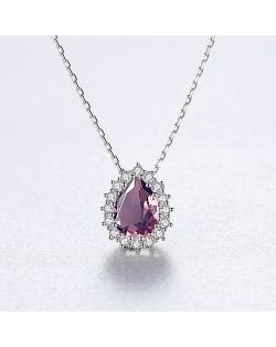 Luxurious Classic Water Drop Pendant 925 Sterling Silver Women Evening Necklace - Pink