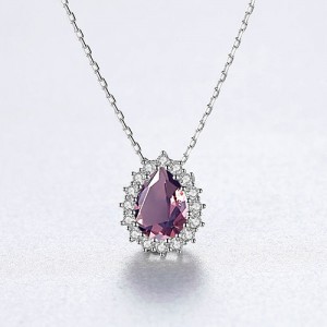 Luxurious Classic Water Drop Pendant 925 Sterling Silver Women Evening Necklace - Pink