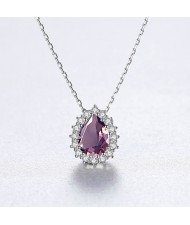 Luxurious Classic Water Drop Pendant 925 Sterling Silver Women Evening Necklace - Pink