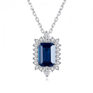Glistening Cubic Zirconia Laciness Royal Blue Square Pendant 925 Sterling Wholesale Silver Necklace