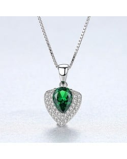 Glistening Cubic Zirconia Unique Heart Shape Pendant 925 Sterling Silver Necklace - Green