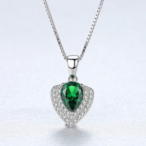 Glistening Cubic Zirconia Unique Heart Shape Pendant 925 Sterling Silver Necklace - Green