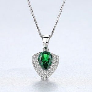 Glistening Cubic Zirconia Unique Heart Shape Pendant 925 Sterling Silver Necklace - Green