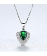 Glistening Cubic Zirconia Unique Heart Shape Pendant 925 Sterling Silver Necklace - Green