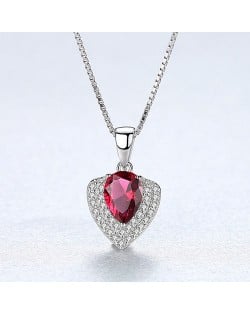 Glistening Cubic Zirconia Unique Heart Shape Pendant 925 Sterling Silver Necklace - Red