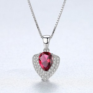 Glistening Cubic Zirconia Unique Heart Shape Pendant 925 Sterling Silver Necklace - Red