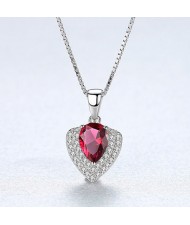 Glistening Cubic Zirconia Unique Heart Shape Pendant 925 Sterling Silver Necklace - Red