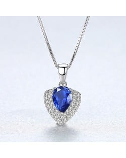 Glistening Cubic Zirconia Unique Heart Shape Pendant 925 Sterling Silver Necklace - Blue