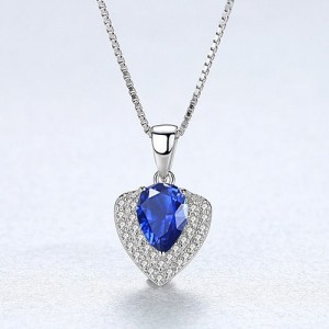 Glistening Cubic Zirconia Unique Heart Shape Pendant 925 Sterling Silver Necklace - Blue
