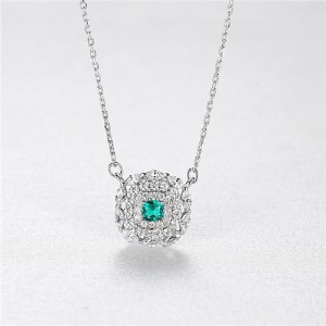 Minimalist Design Bling Green Centered Gemstone Square Pendant 925 Sterling Silver Necklace
