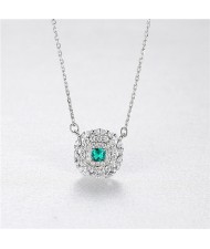 Minimalist Design Bling Green Centered Gemstone Square Pendant 925 Sterling Silver Necklace