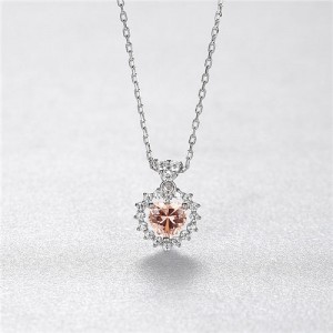 Pink Ctystal Peach Heart Pendant Elegant Glistening Wholesale 925 Sterling Silver Necklace