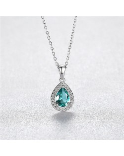 Luxurious Green Gem Water Drop Pendant Graceful 925 Sterling Silver Necklace