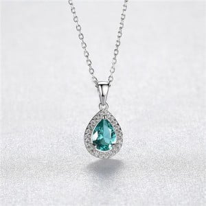 Luxurious Green Gem Water Drop Pendant Graceful 925 Sterling Silver Necklace