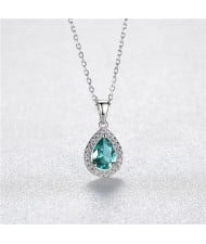 Luxurious Green Gem Water Drop Pendant Graceful 925 Sterling Silver Necklace