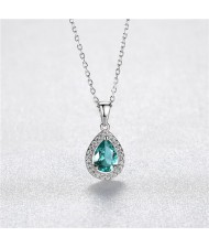 Luxurious Green Gem Water Drop Pendant Graceful 925 Sterling Silver Necklace