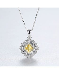 Shining Cubic Zirconia Insert Yellow Gem Rhombus Pendant 925 Sterling Silver Weding Necklace