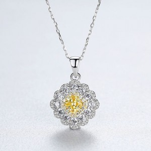 Shining Cubic Zirconia Insert Yellow Gem Rhombus Pendant 925 Sterling Silver Weding Necklace