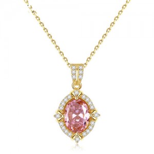 Bling Pink Gem Oval Pendant Noble Style 925 Sterling Silver Bridal Necklace