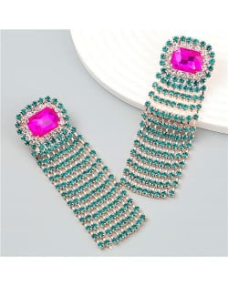 Square Geometric Design Rhinestone Long Tassel Exaggerated Fahion Earrings - Green