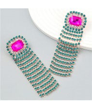 Square Geometric Design Rhinestone Long Tassel Exaggerated Fahion Earrings - Green