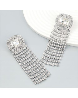 Square Geometric Design Rhinestone Long Tassel Exaggerated Fahion Earrings - White