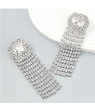 Square Geometric Design Rhinestone Long Tassel Exaggerated Fahion Earrings - White