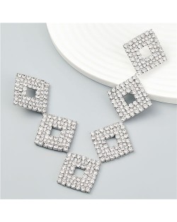 Super Shiny Slanted Squares Long Style U.S. Fashion Dangle Earrings - Silver