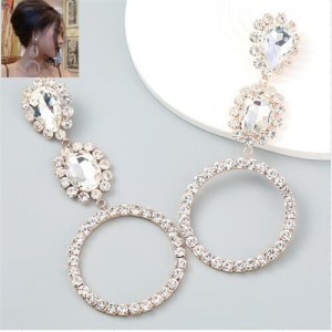 Internet Celebrity Style Bling Rhinestone Big Circle Bold Fashion Women Earrings - Golden