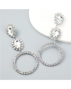 Internet Celebrity Style Bling Rhinestone Big Circle Bold Fashion Women Earrings - Silver