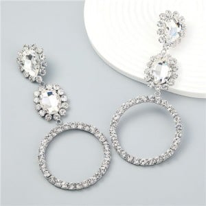 Internet Celebrity Style Bling Rhinestone Big Circle Bold Fashion Women Earrings - Silver