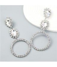 Internet Celebrity Style Bling Rhinestone Big Circle Bold Fashion Women Earrings - Silver