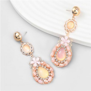 Boho Ethnic Water Drop Shape Resin Floral Women Vintage Wholesale Costume Earrings - Pink
