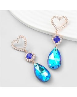 French Romantic Hollow-out Peach Heart Water Drop Pendant Fashion Earrings - Blue